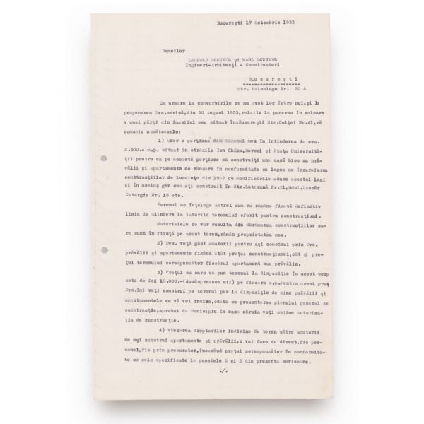 G. M. Cantacuzino, documente privind construirea unei case bloc pentru principesele Sanda Cantacuzino și Marina Stirbey, alături de Leopold și Karl Schindl, 1935