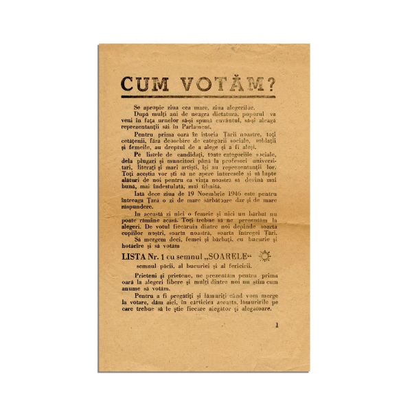 Două pliante electorale, Lista Nr. 1 cu semnul „Soarele”, 1946