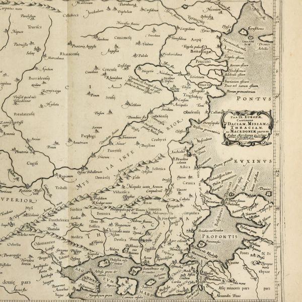 Dacia, Moesia, Tracia și Macedonia, gravură în cupru, hartă editată și publicată de Gerard Mercator, cca. 1695