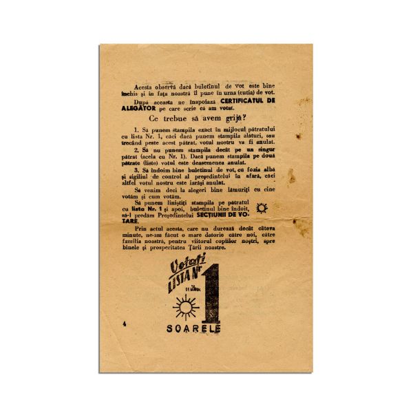 Două pliante electorale, Lista Nr. 1 cu semnul „Soarele”, 1946