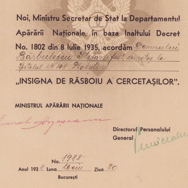 „Insigna de război a cercetașilor”, brevet acordat lui Bărbulescu Ștefan, 1938