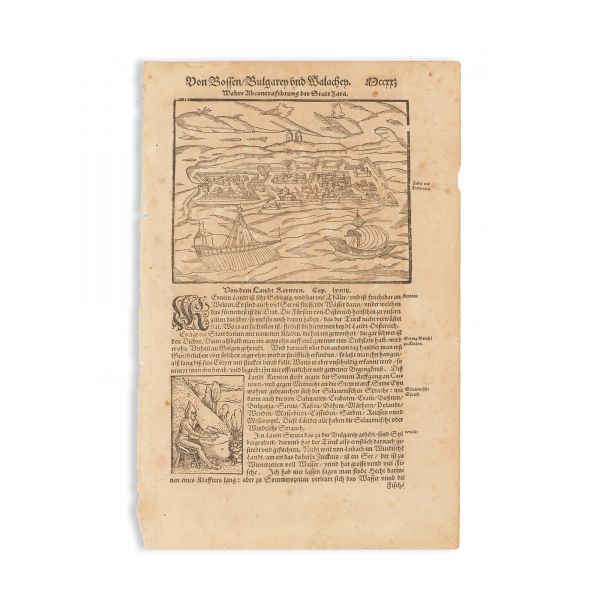 Vedută a orașului Zadar (Croația), pagină din „Cosmographia” lui Sebastian Münster, xilogravură, a doua jumătate a sec. XVI-lea