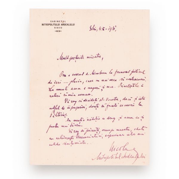Nicolae Bălan, Mitropolitul Ardealului, scrisoare pentru Cincinat Pavelescu, 4.X.1931