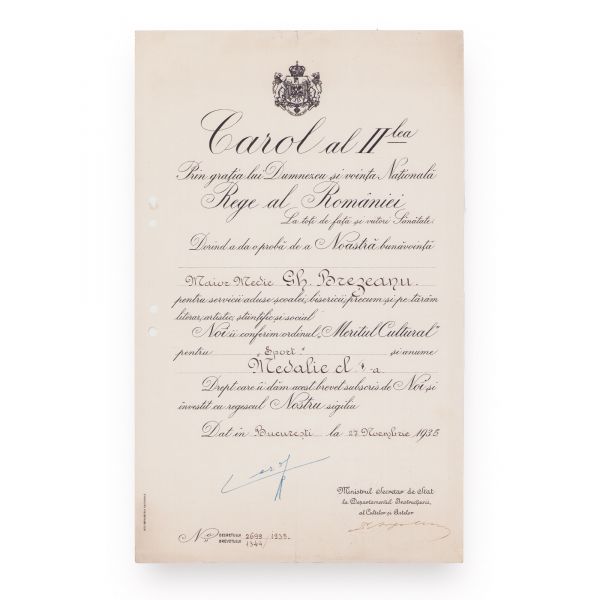 Maior Medic Gh. Brezeanu, brevet cu semnătura olografă a regelui Carol al II-lea, 1935