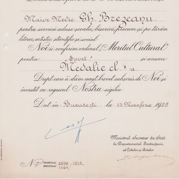 Maior Medic Gh. Brezeanu, brevet cu semnătura olografă a regelui Carol al II-lea, 1935
