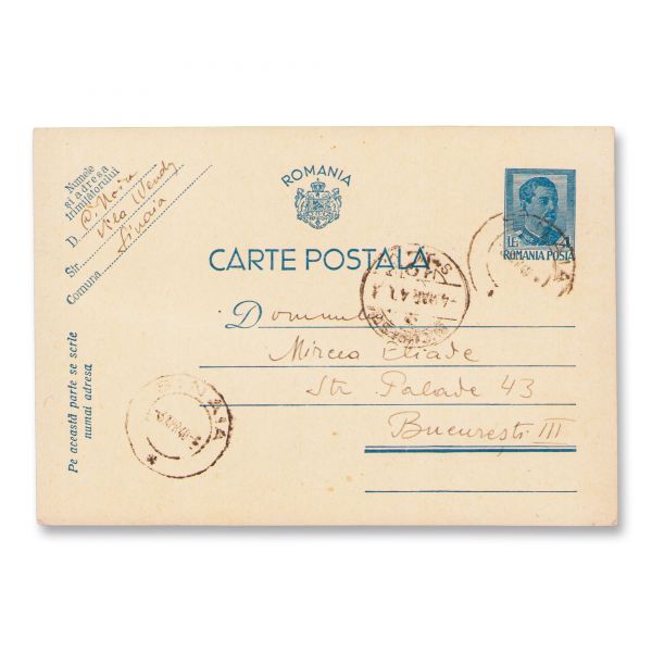 Constantin Noica, carte poștală expediată lui Mircea Eliade, 3.IV.1940 