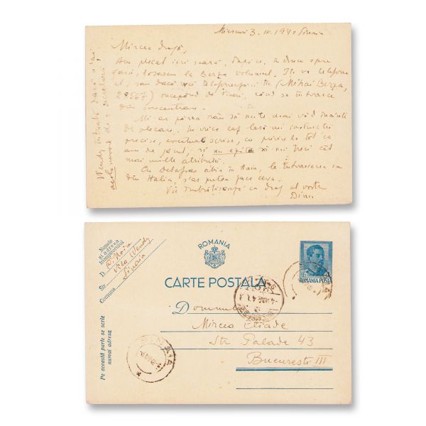 Constantin Noica, carte poștală expediată lui Mircea Eliade, 3.IV.1940 