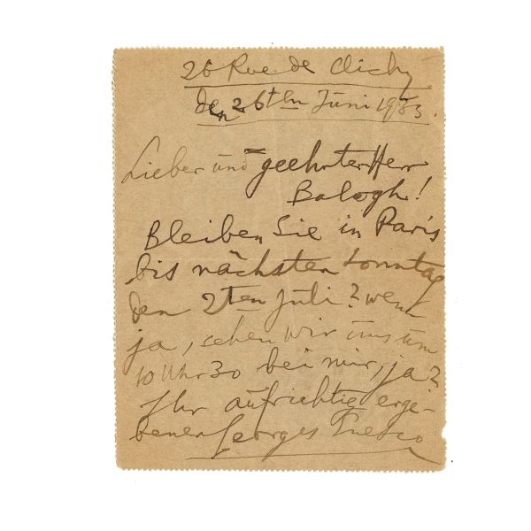 George Enescu, fotografie de epocă + scrisoare pentru Ernő Balogh, 26 iunie 1933