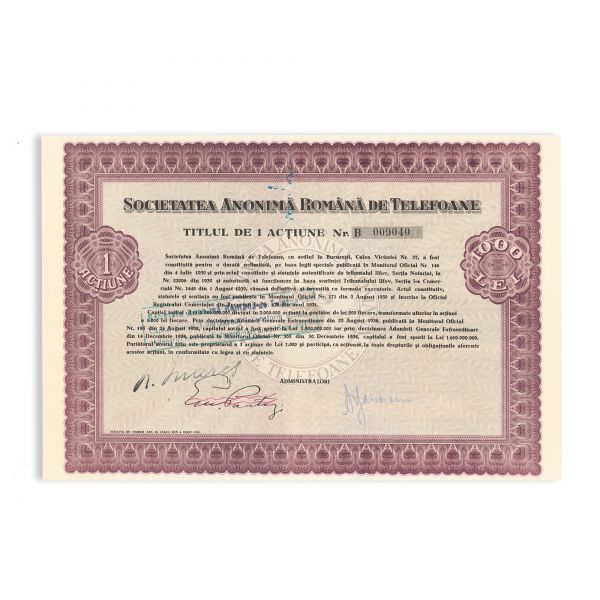 Societatea Anonimă Română de Telefoane, trei titluri în valoare de 1000, 5000 și 10000 lei