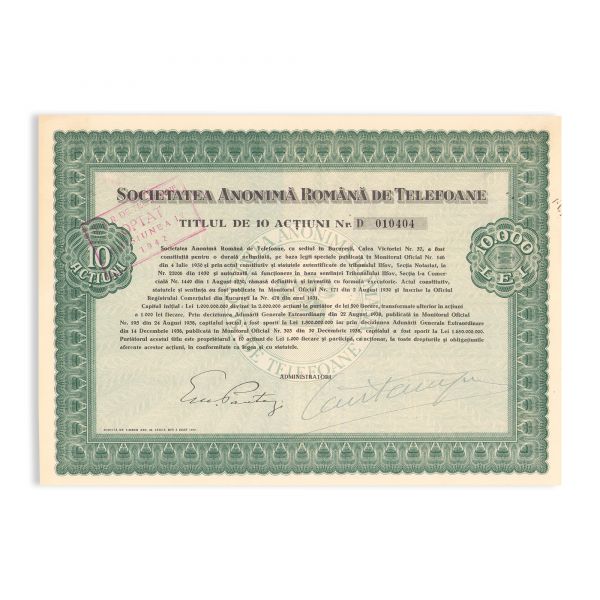 Societatea Anonimă Română de Telefoane, trei titluri în valoare de 1000, 5000 și 10000 lei