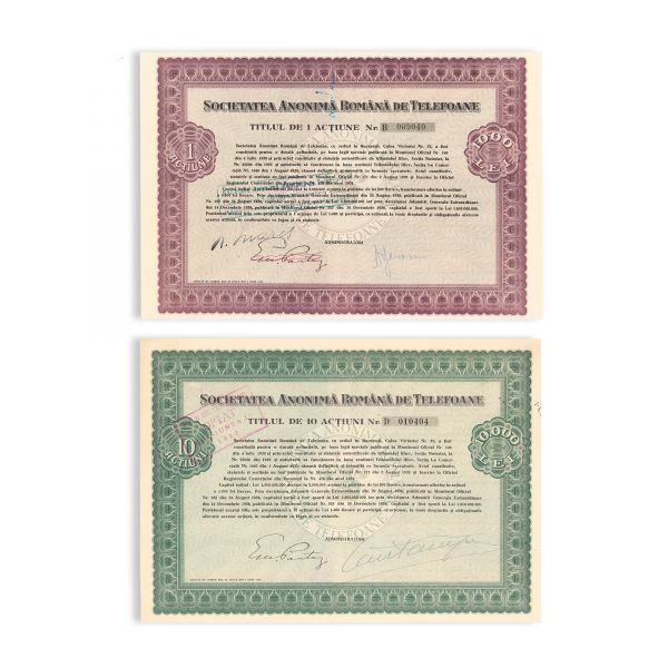 Societatea Anonimă Română de Telefoane, trei titluri în valoare de 1000, 5000 și 10000 lei