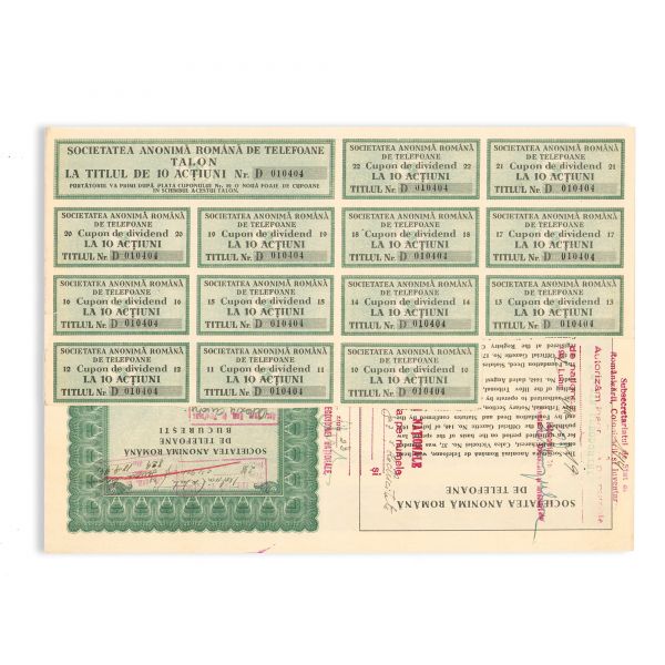 Societatea Anonimă Română de Telefoane, trei titluri în valoare de 1000, 5000 și 10000 lei