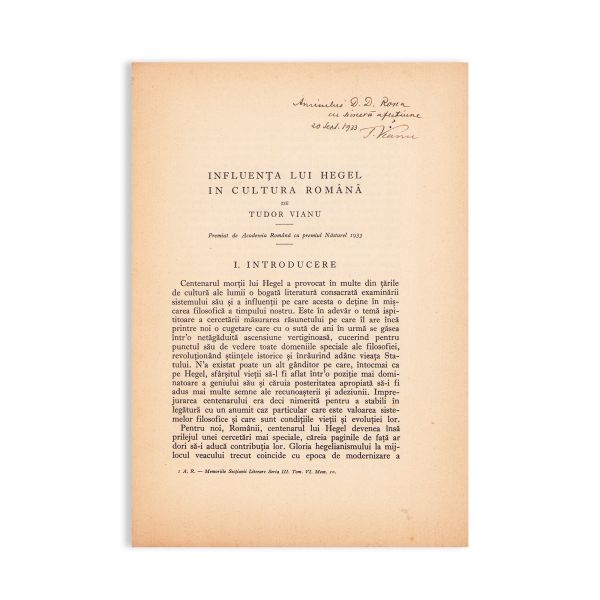 Tudor Vianu, Influența lui Hegel în cultura română, 1933, cu dedicație pentru D. D. Roșca