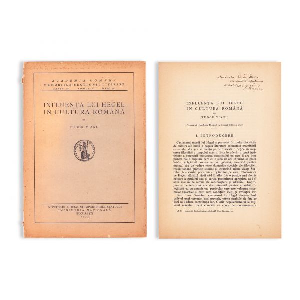 Tudor Vianu, Influența lui Hegel în cultura română, 1933, cu dedicație pentru D. D. Roșca