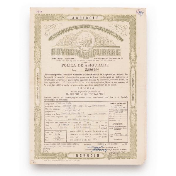 „Sovromasigurare”, „Urania”, „Generala”, trei polițe de asigurare, 1920-1950