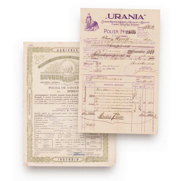 „Sovromasigurare”, „Urania”, „Generala”, trei polițe de asigurare, 1920-1950