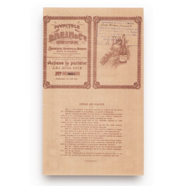 „Pivnițele Rhein & Cie” Azuga, acțiune la purtător de 1000 lei, 1918
