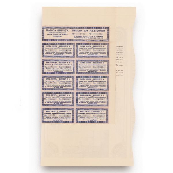 Banca Grivița, titlu de 10 acțiuni la purtător în valoare de 5000 lei