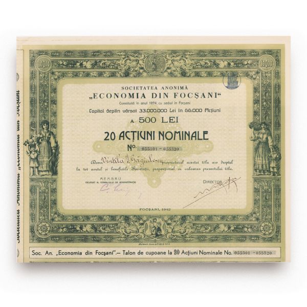 Colecție de 4 acțiuni: „Banca Centrală” Cluj, „Economia din Focșani”, „Banca Dâmbovița”, „Banca Populară din Pitești”, 1920-1942