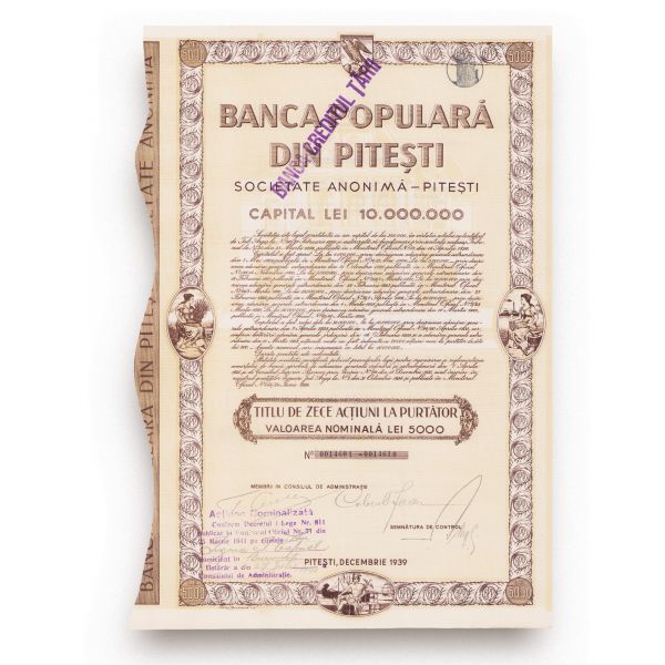 Colecție de 4 acțiuni: „Banca Centrală” Cluj, „Economia din Focșani”, „Banca Dâmbovița”, „Banca Populară din Pitești”, 1920-1942