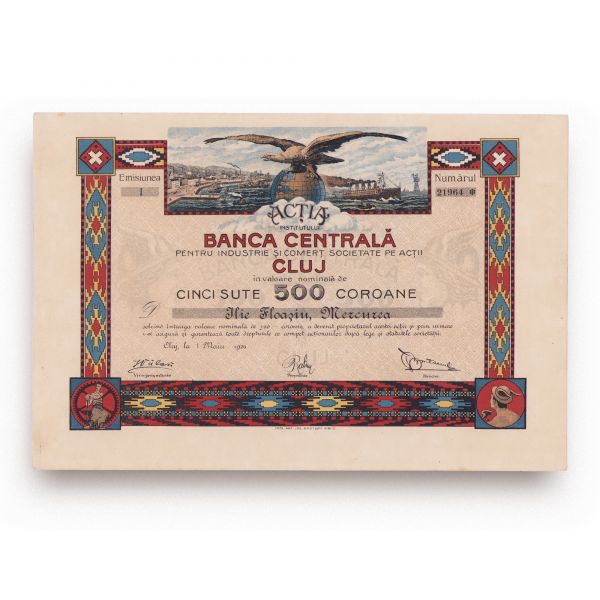 Colecție de 4 acțiuni: „Banca Centrală” Cluj, „Economia din Focșani”, „Banca Dâmbovița”, „Banca Populară din Pitești”, 1920-1942