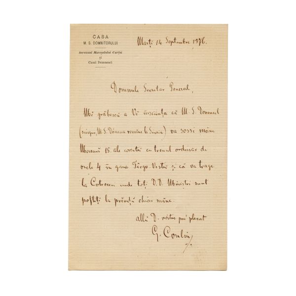 Serviciul Mareșalului Curții și al Casei Domnești, scrisoare pentru Ioan C. Petrescu, 14 septembrie 1876