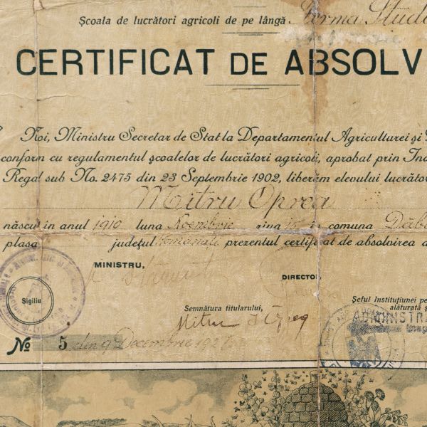 Mitru Oprea, certificat de absolvire a școlii de lucrători agricoli, 9 decembrie 1927