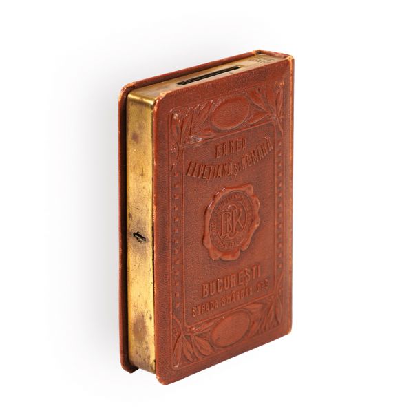 Pușculiță sub formă de carte, marca Banque Suisse et Roumaine
