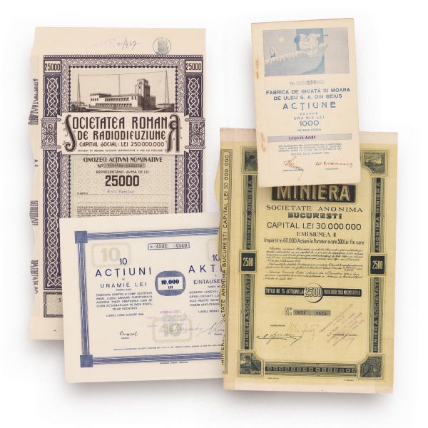 Lot de patru acțiuni: „Fabrica de ghiață Beiuș”, „Miniera”, „Societatea Română de Radiodifuziune”, „Țesătoria Lengyel”