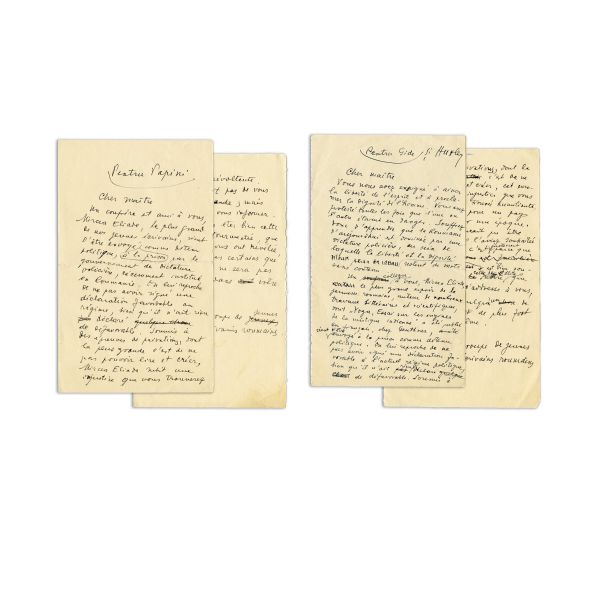 Ciornele unor scrisori expediate către Andre Gide, Aldous Huxley și Giovanni Papini privind arestarea lui Mircea Eliade