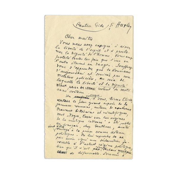 Ciornele unor scrisori expediate către Andre Gide, Aldous Huxley și Giovanni Papini privind arestarea lui Mircea Eliade