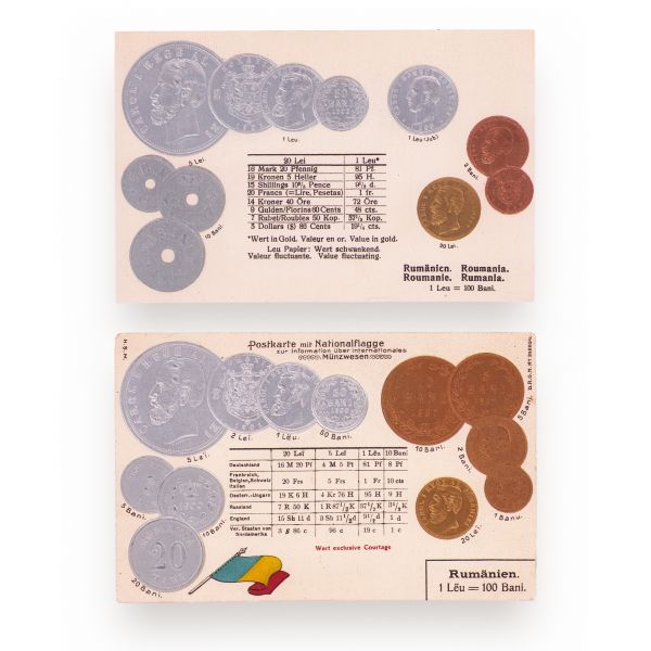 Reprezentări numismatice românești, două cărți poștale embosate