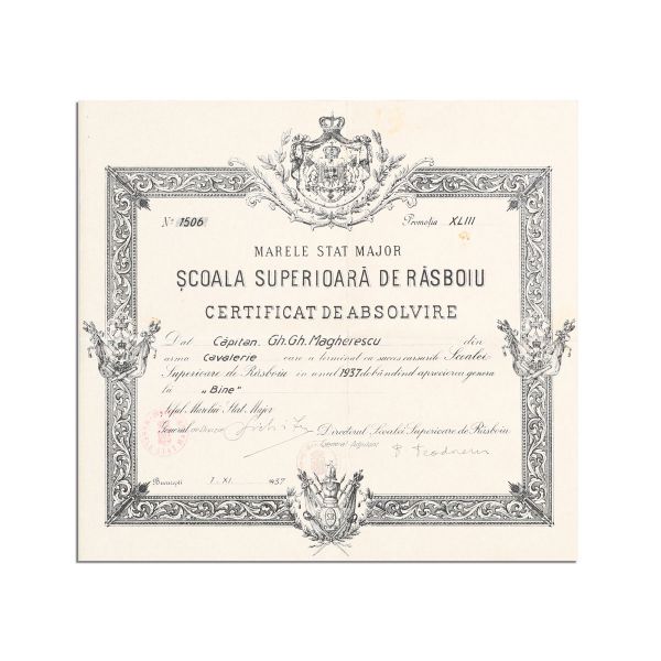 Căpitan Gh. Magherescu, fotografie de epocă + certificat de absolvire, 1937
