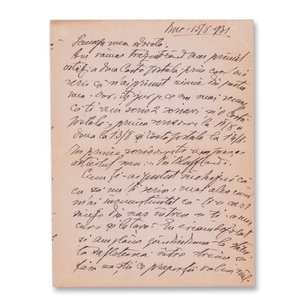 Constantin Bacalbașa, amplă scrisoare de dragoste expediată soției, 15 august 1931 