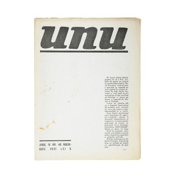 Publicația „UNU”, anul IV, nr. 40, noiembrie 1931