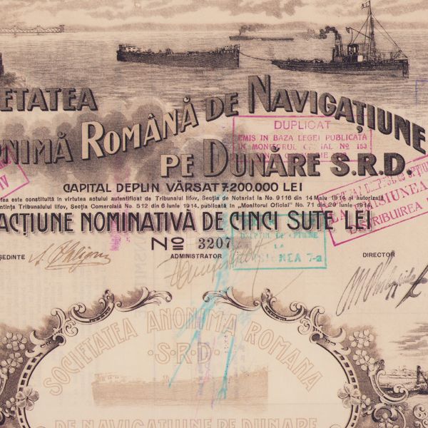 Societatea Anonimă Română de Navigație pe Dunăre, acțiune nominativă de 500 lei, 1914
