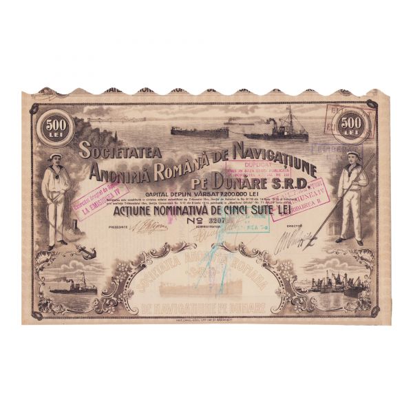 Societatea Anonimă Română de Navigație pe Dunăre, acțiune nominativă de 500 lei, 1914