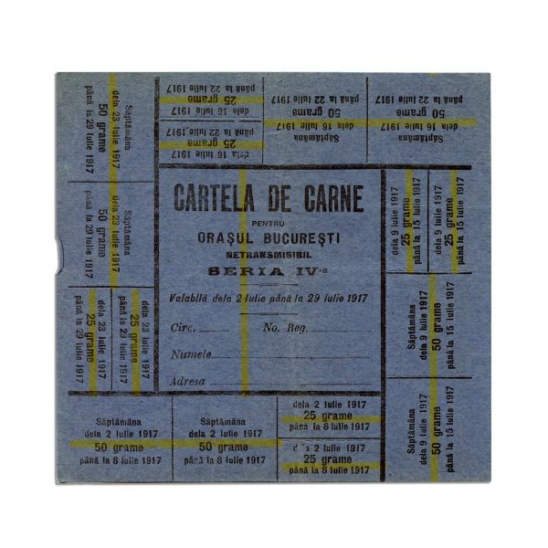 Cartelă de carne, pâine și făină, din perioada Primului Război Mondial