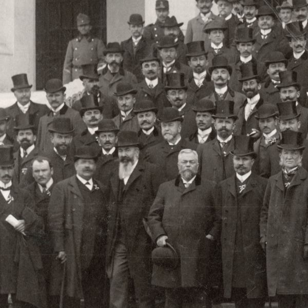 Anghel Saligny, Elie Radu și C.I. Istrati la Palatul Artelor, fotografie de mari dimensiuni, cca. 1906-1910 