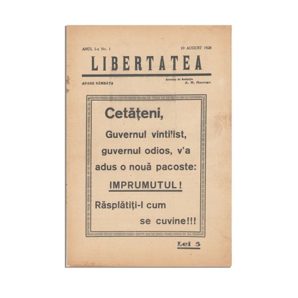Publicația „Libertatea”, Anul I, 4 numere, Nr. 1, Nr. 2, Nr. 4, Nr. 5, 1928