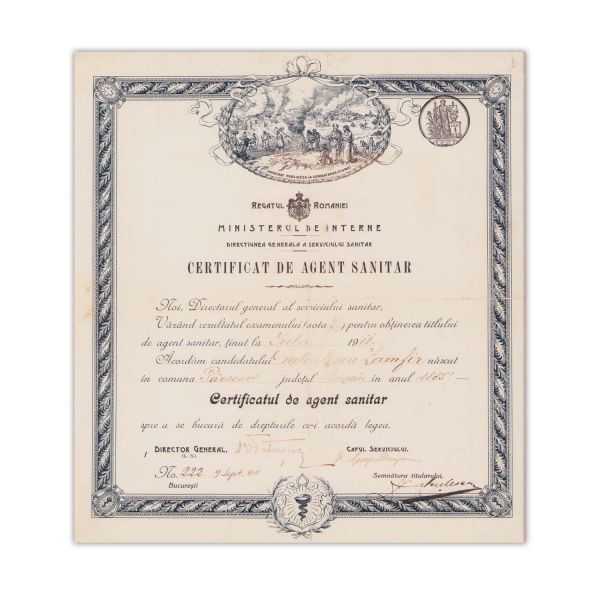 Datculescu Zamfir, certificat de agent sanitar, 9 septembrie 1911