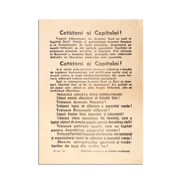 Manifest - Anunț către cetățenii capitalei - Trăiască armata roșie eliberatoare