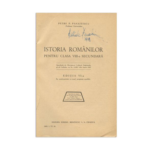 Petre P. Panaitescu, Istoria Românilor pentru clasa a VIII-a secundară, 1943