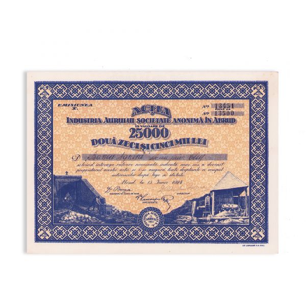 „Industria Aurului”, două acțiuni în valoare de 500 și 25000 lei