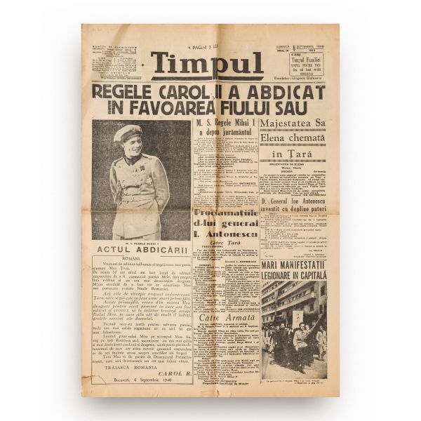 Publicația „Timpul”, 8 septembrie 1940 - abdicarea regelui Carol al II-lea 