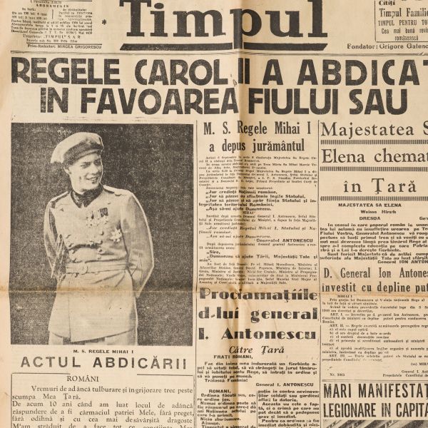 Publicația „Timpul”, 8 septembrie 1940 - abdicarea regelui Carol al II-lea 