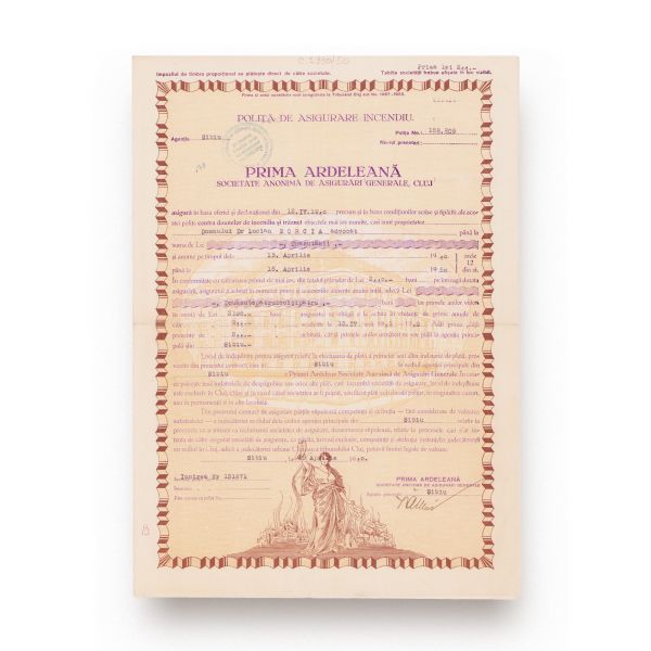 Societatea de Asigurări „Prima Ardeleană”, poliță de asigurare de incendiu, 15 aprilie 1904