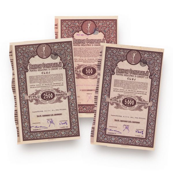 Banca Centrala Cluj, 3 titluri în valoare de 5000 lei, 1943-1946