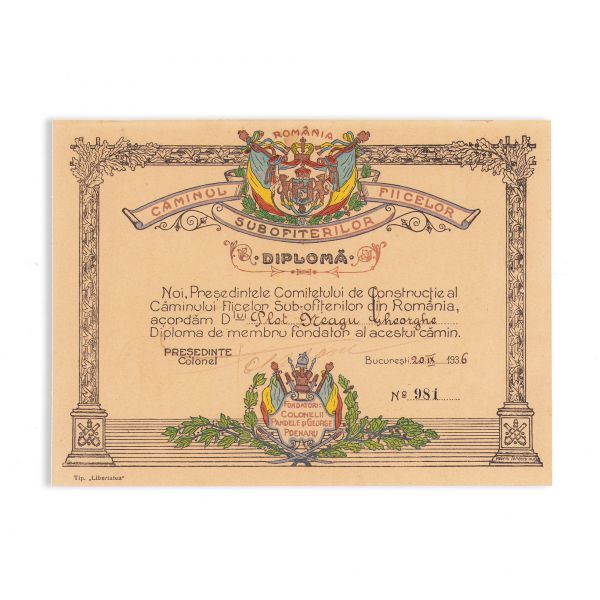 Căminul Fiicelor Subofițerilor din România, diplomă de membru fondator, 1936 