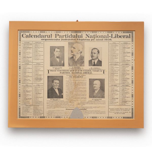 Membrii Partidului Național Liberal, calendar, 1938 + filă din publicația „Vulturul”, 1908